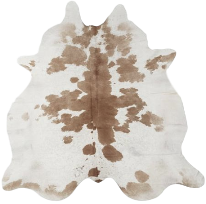 A beige and white Brazilian cowhide rug.